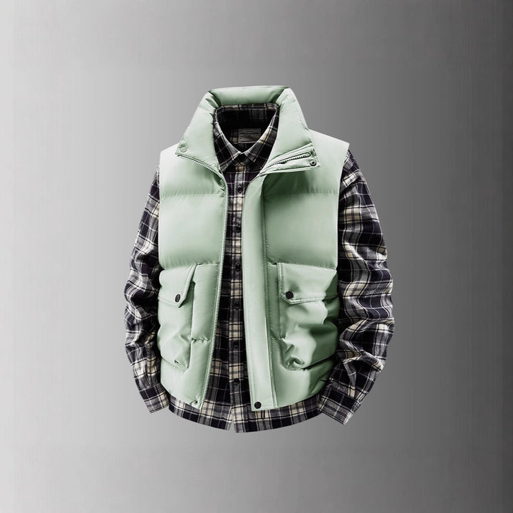 Men's Padded Quilted Vest with Utility Pockets and High Standing Collar Mune Fashion