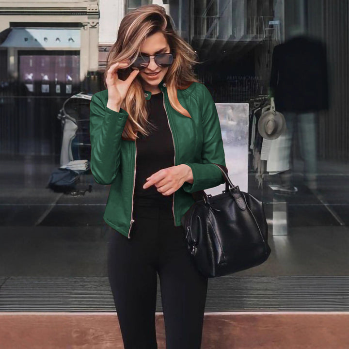 Women's tailored leather jacket with stand-up collar and concealed zipper Mune Fashion