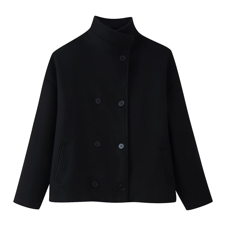Women's Boxy Double-Breasted Short Coat made of Wool Blend with Stand-Up Collar Mune Fashion