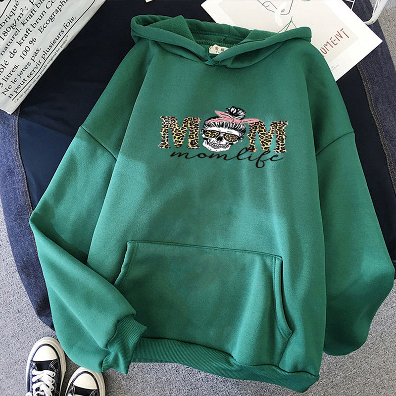 Women Hooded Sweatshirt with "Momlife" Skull Print, Kangaroo Pocket, Soft Fleece Lining and Loose Oversized Fit Mune Fashion