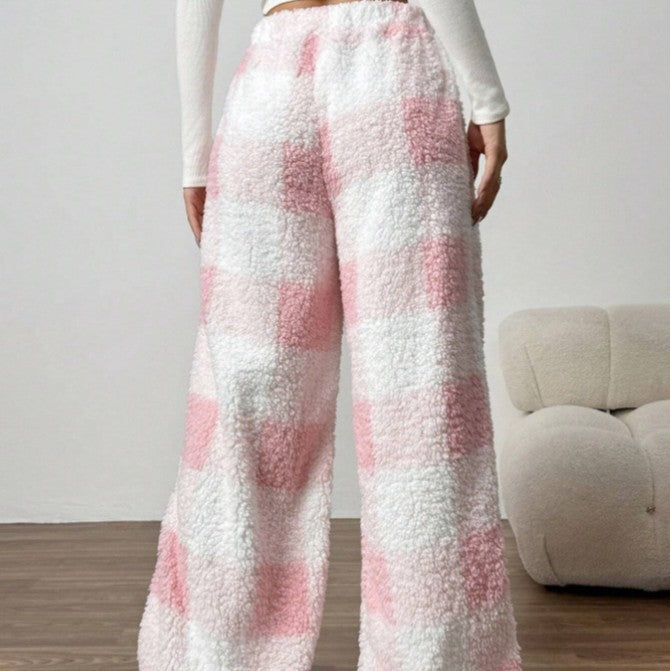 Women's cozy checked fleece pants with drawstring waistband and wide leg Mune Fashion