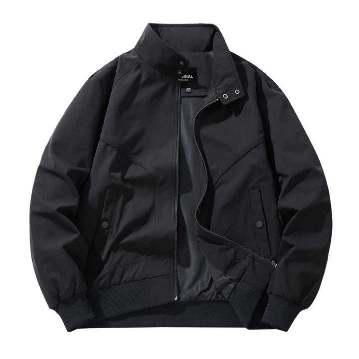 Men lightweight stand-up collar cotton blend bomber jacket with snap button neckline and diagonal seam details Mune Fashion