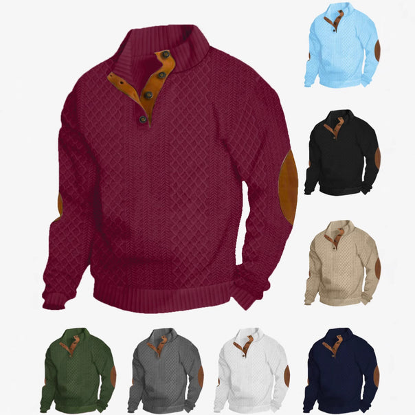 Men's coarse knitted sweater with stand-up collar, leather trim, and elbow patches Mune Fashion