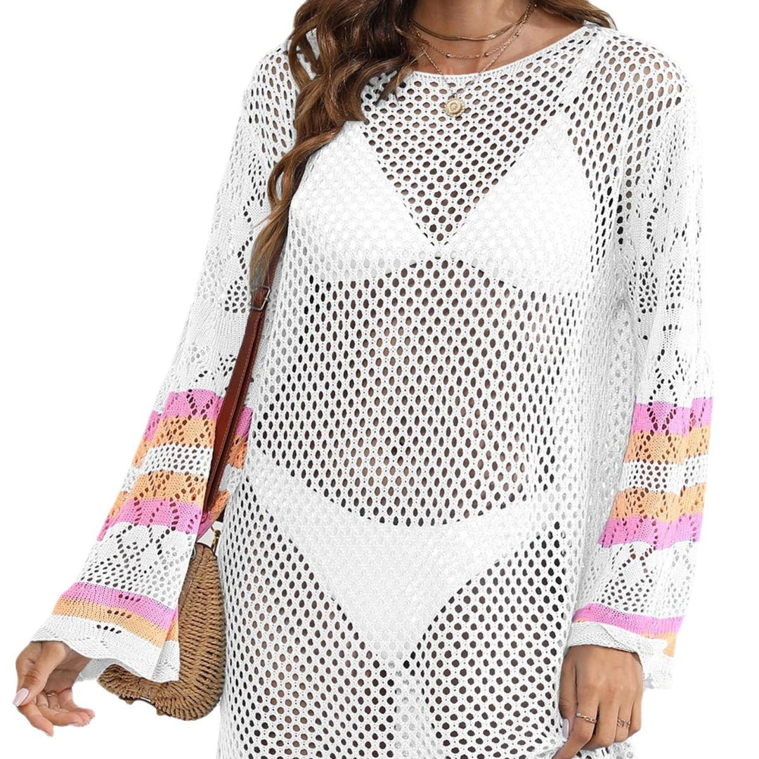 Women airy crochet beach cover-up with colorful color accents Mune Fashion