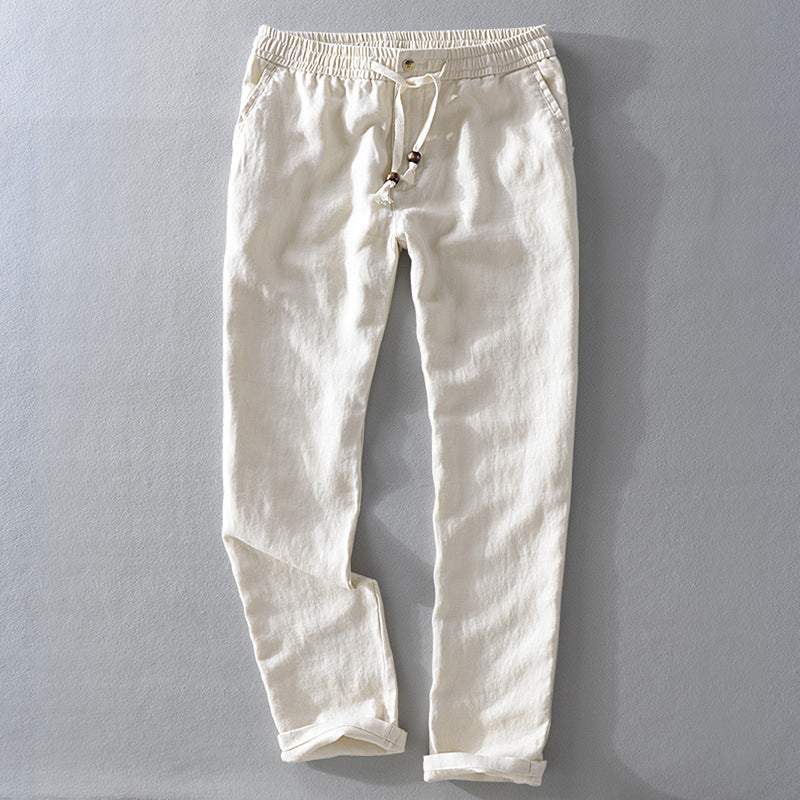 Women's linen pants with elastic waistband, drawstring, and straight leg Mune Fashion