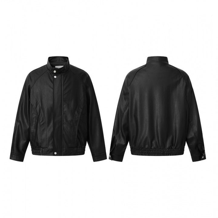 Unisex short-cut boxy faux leather bomber jacket with high stand-up collar, snap button placket, and elastic hem Mune Fashion