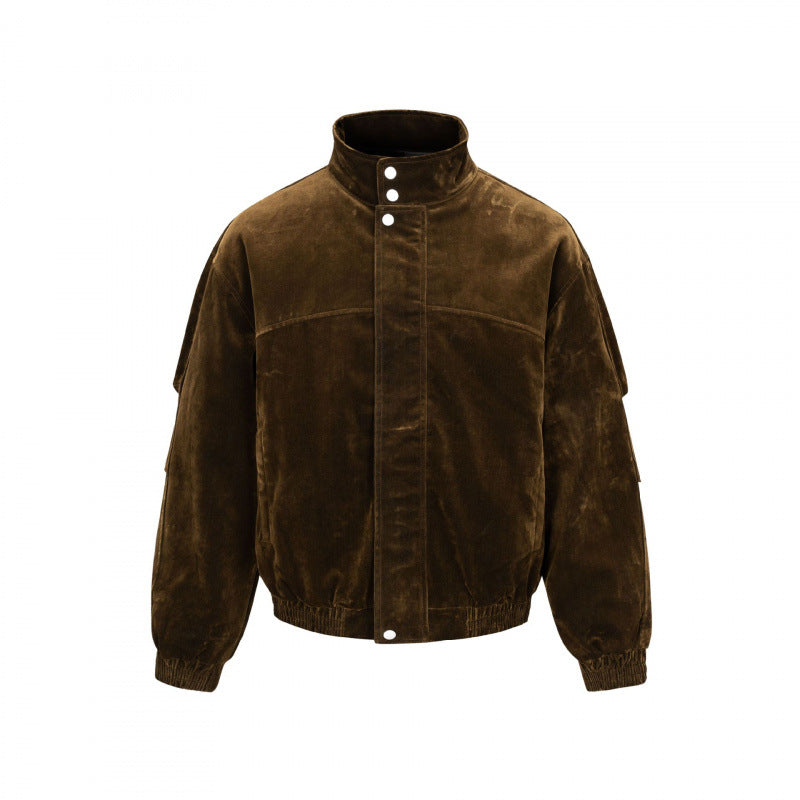 Men's velvet bomber jacket with stand collar, concealed snap button placket, and elastic hem Mune Fashion