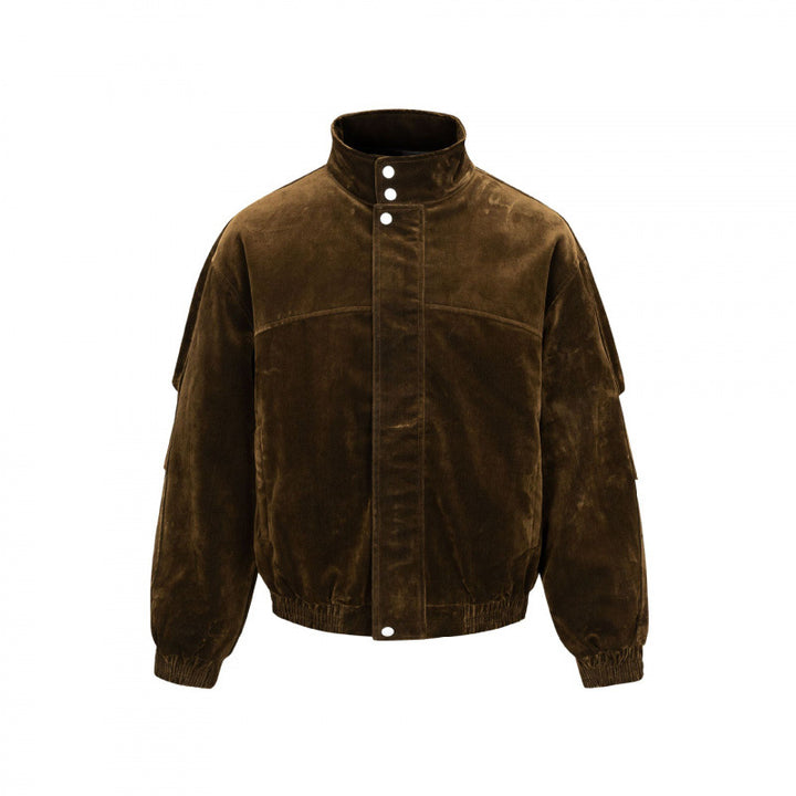 Men's velvet bomber jacket with stand collar, concealed snap button placket, and elastic hem Mune Fashion