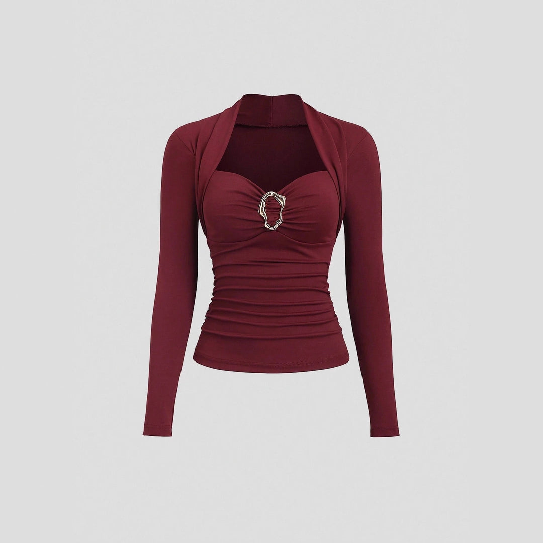 Women's figure-hugging gathered top with heart-shaped neckline, bustier look and gold decorative clasp Mune Fashion