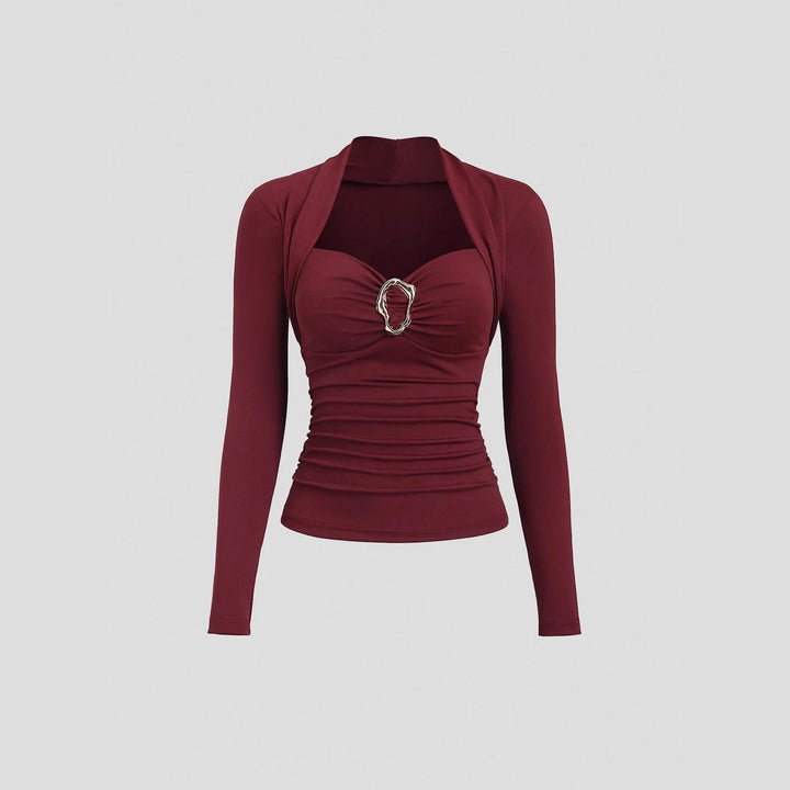 Women's figure-hugging gathered top with heart-shaped neckline, bustier look and gold decorative clasp Mune Fashion