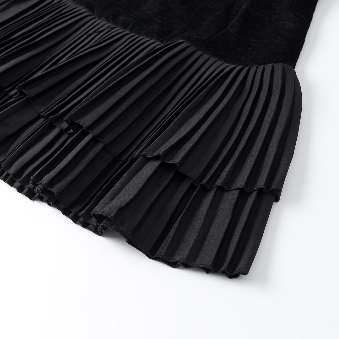 Women's velvet midi dress with short sleeves and tiered pleated skirt Mune Fashion