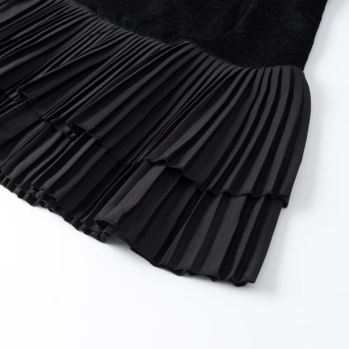 Women's velvet midi dress with short sleeves and tiered pleated skirt Mune Fashion