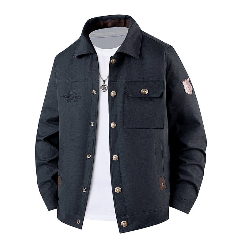 Men's Canvas Work Jacket with Button Placket, Patch Chest Pocket and Shirt Collar Mune Fashion