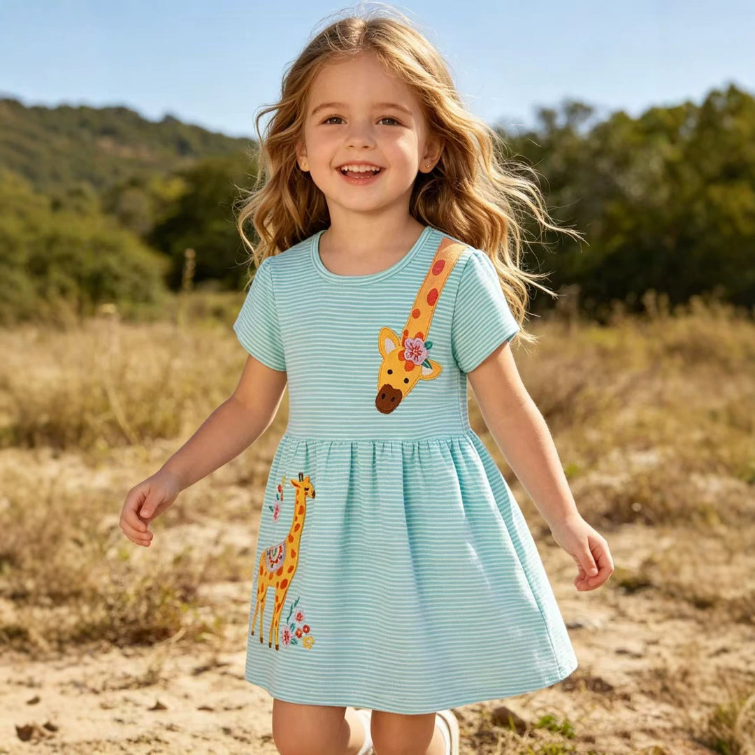 Girls Cotton Dress with Cheerful Giraffe Motif Mune Fashion