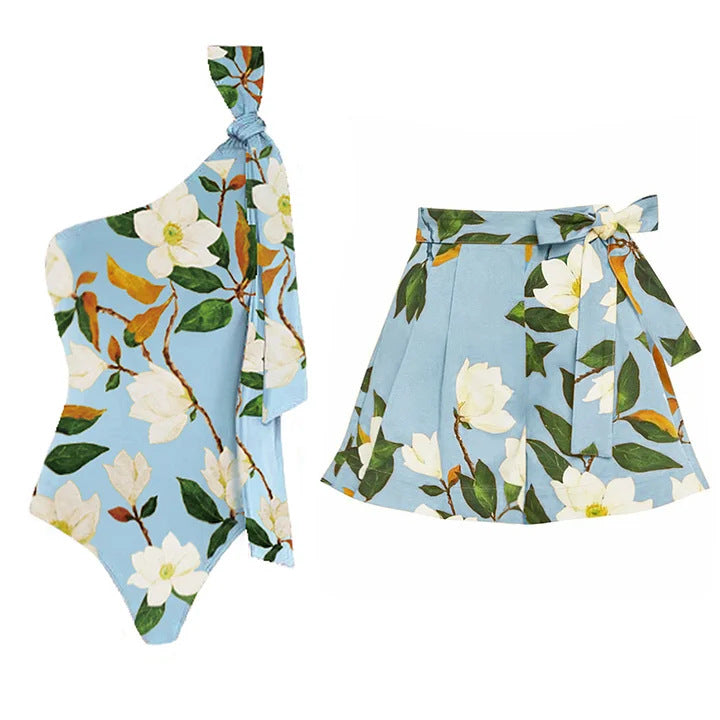 Women's One-Sided Swimsuit with Floral Design and Elegant Bow Detail Mune Fashion