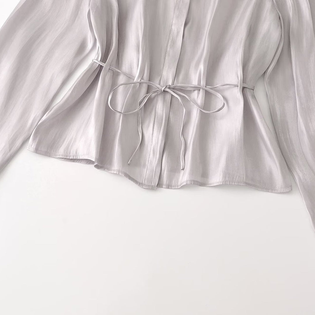 Ladies silk matte tailored shirt blouse with drawstring and concealed button placket Mune Fashion
