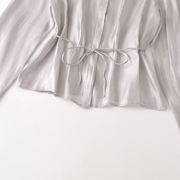 Ladies silk matte tailored shirt blouse with drawstring and concealed button placket Mune Fashion