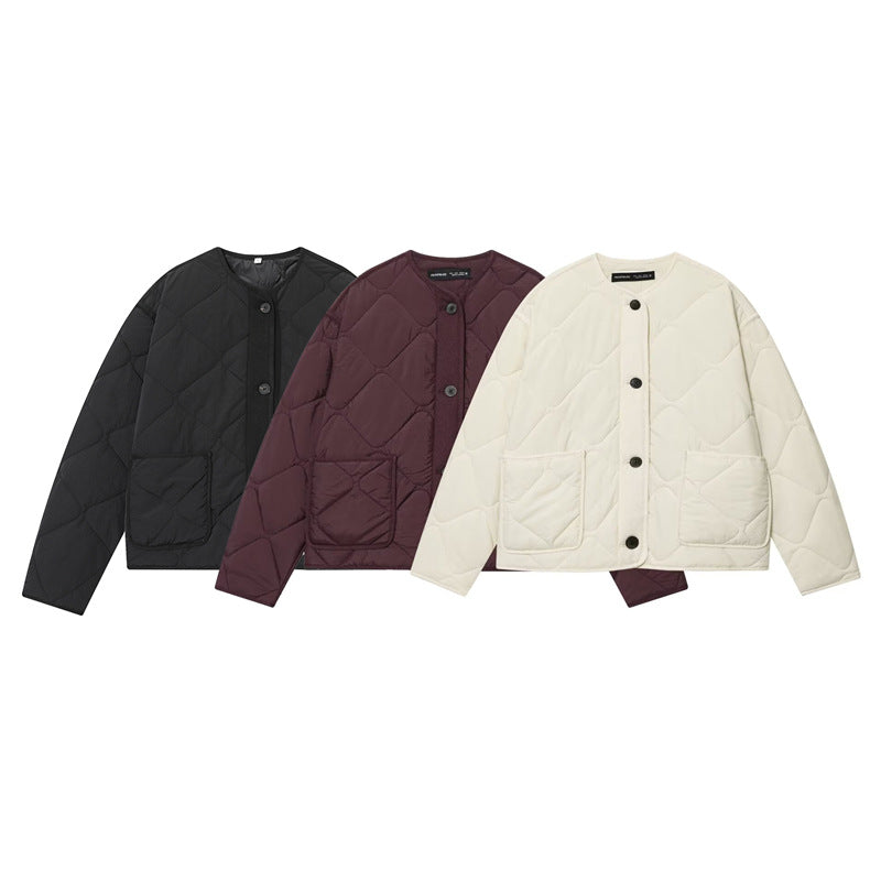 Women's Quilted Oversized Quilted Jacket with Round Neckline, Patch Pockets and Button Placket Mune Fashion
