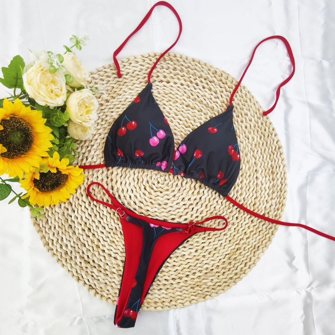 Women's Triangle Bikini Set with Cheerful Cherry Pattern and Adjustable Straps Mune Fashion