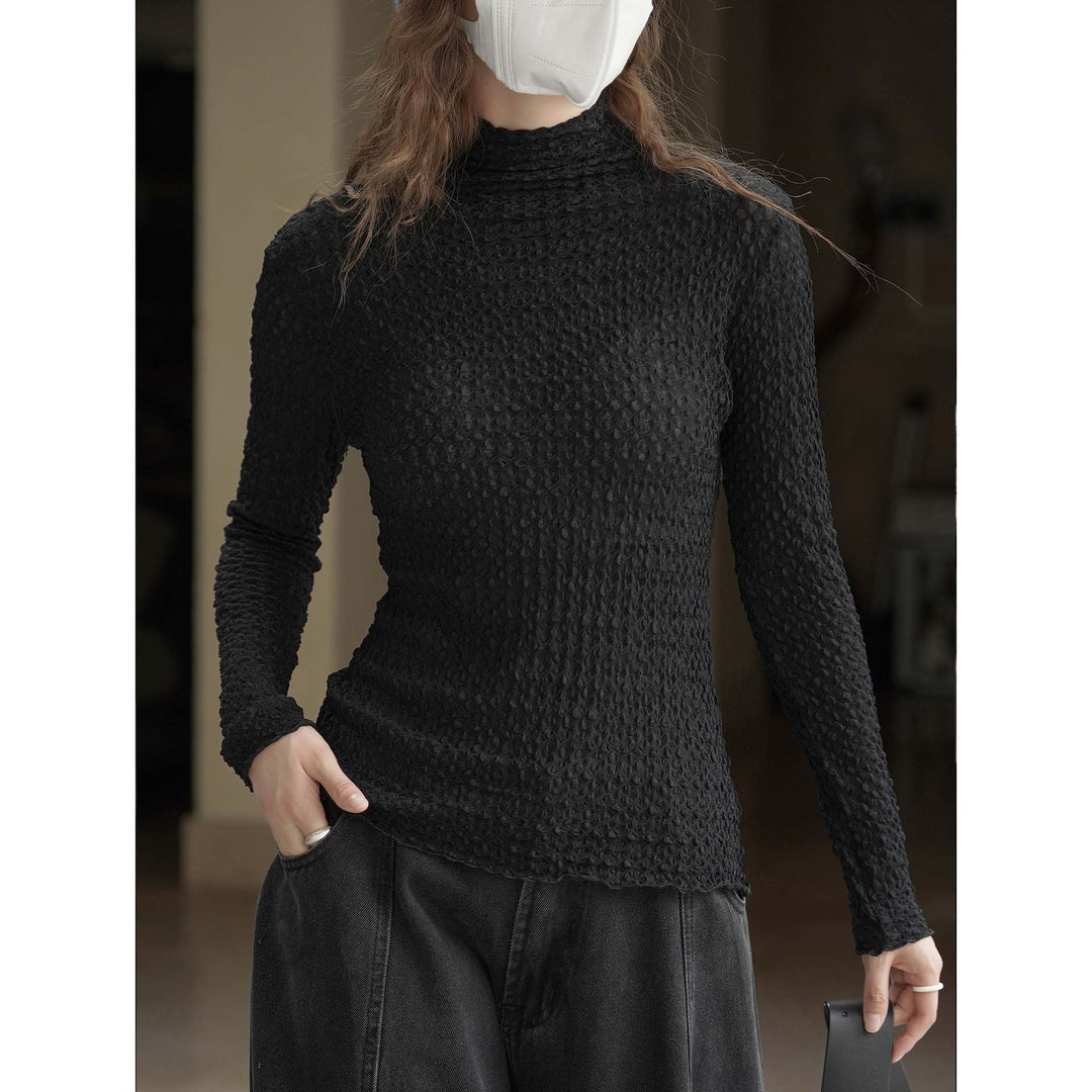 Women's Fitted Crinkle Long Sleeve with Stand Collar and Textured Surface Mune Fashion