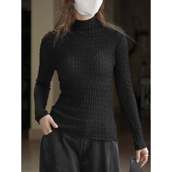 Women's Fitted Crinkle Long Sleeve with Stand Collar and Textured Surface Mune Fashion