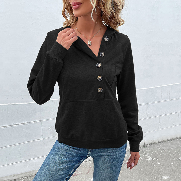 Ladies hooded sweatshirt with asymmetric button placket and raglan sleeves Mune Fashion