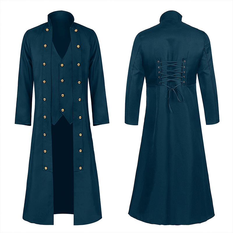 Men's fitted frock coat with integrated vest, adjustable waist lacing at the back, and double-row decorative buttons Mune Fashion