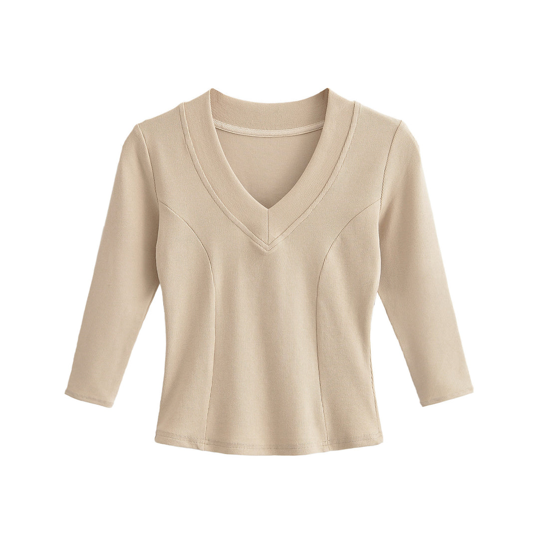 Women's Ribbed Long Sleeve Shirt with V-Neck and Tailored Fit Mune Fashion