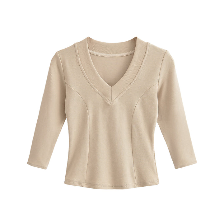 Women's Ribbed Long Sleeve Shirt with V-Neck and Tailored Fit Mune Fashion
