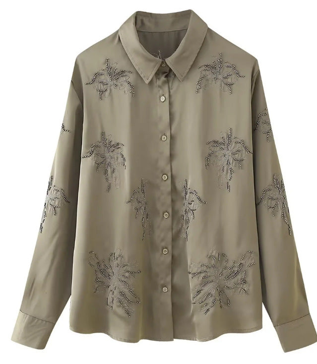 Women's embroidered silk-look blouse with sparkling crystal embellishments and shirt collar Mune Fashion