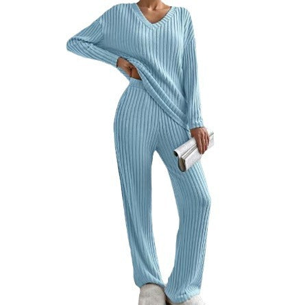 Women Cozy Ribbed Knit Loungewear Set with V-Neck and Wide Leg Mune Fashion