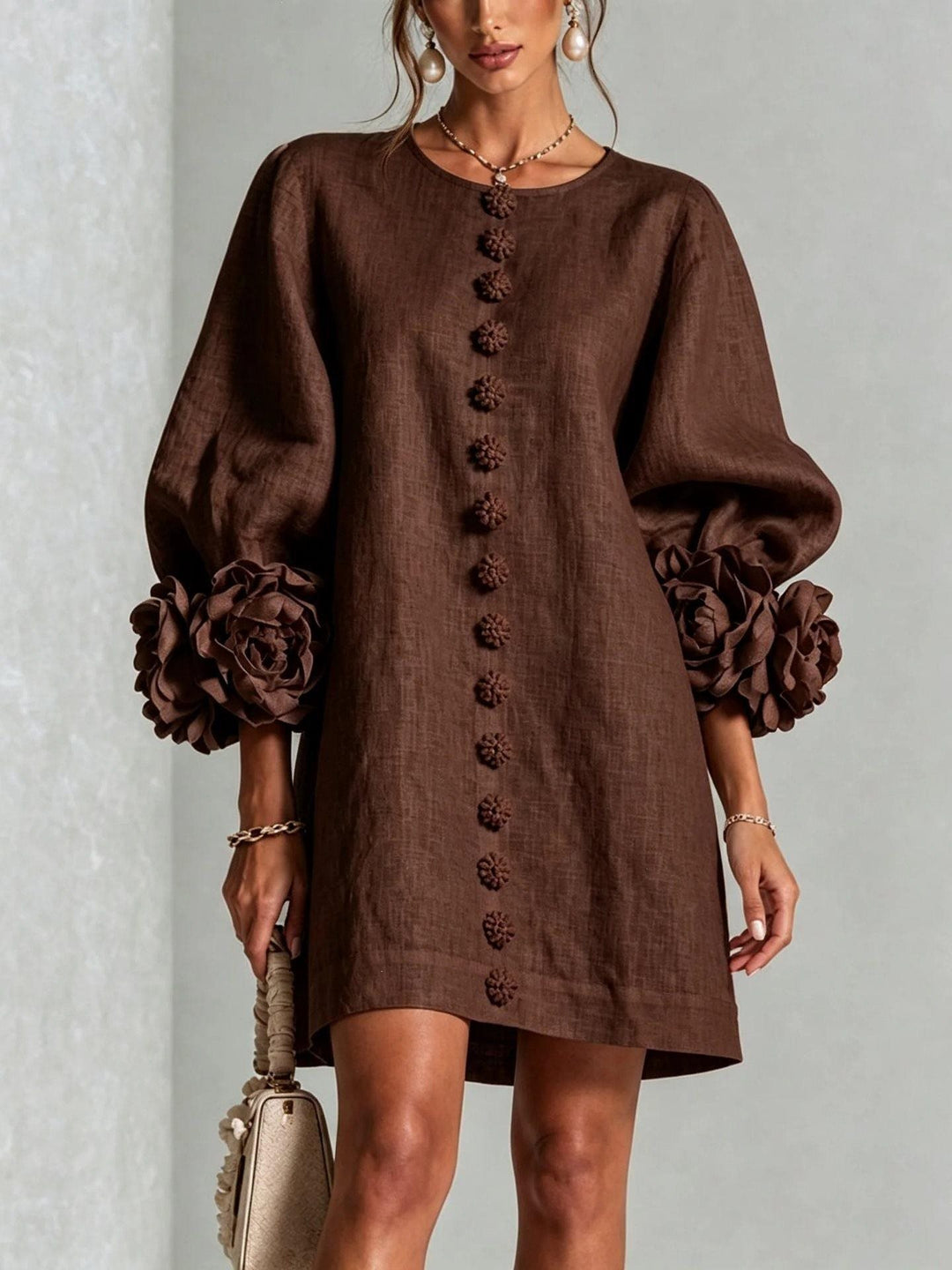 Women’s Short-Cut Linen Dress with 3D Flower Sleeves and Center Button Placket Mune Fashion