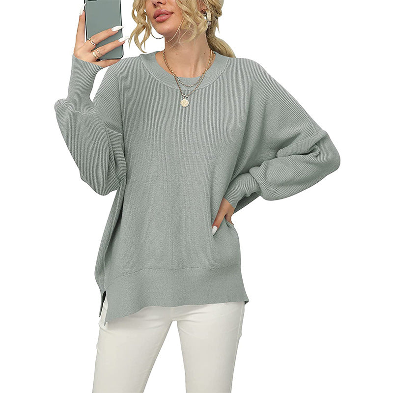 Women's Oversized Fine Knit Sweater with Round Neck, Dropped Shoulder and Side Slits Mune Fashion