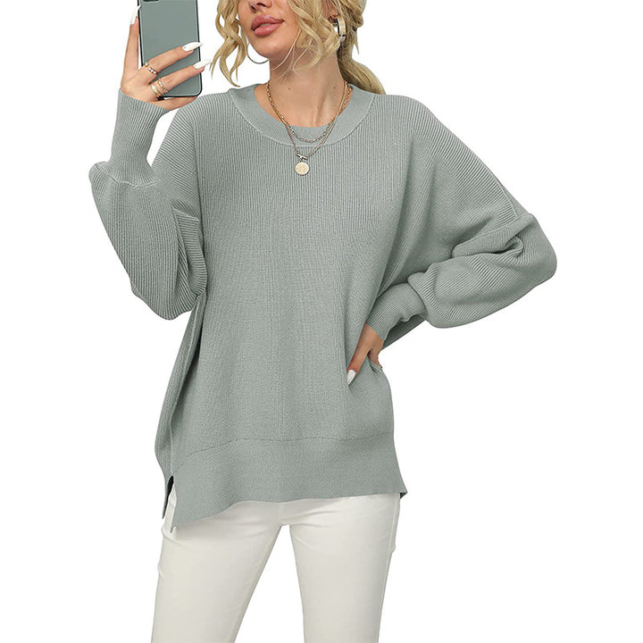 Women's Oversized Fine Knit Sweater with Round Neck, Dropped Shoulder and Side Slits Mune Fashion