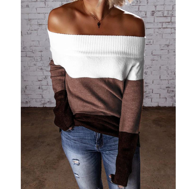 Women Off-Shoulder Colorblock Knit Sweater with Folded Collar Mune Fashion
