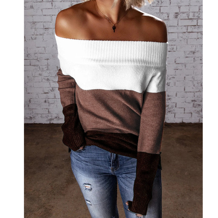 Women Off-Shoulder Colorblock Knit Sweater with Folded Collar Mune Fashion