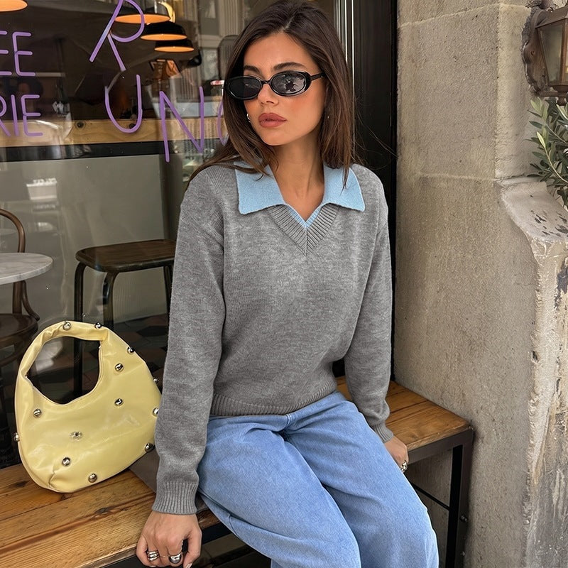 Women's Fashionable V-Neck Sweater with Collar Mune Fashion