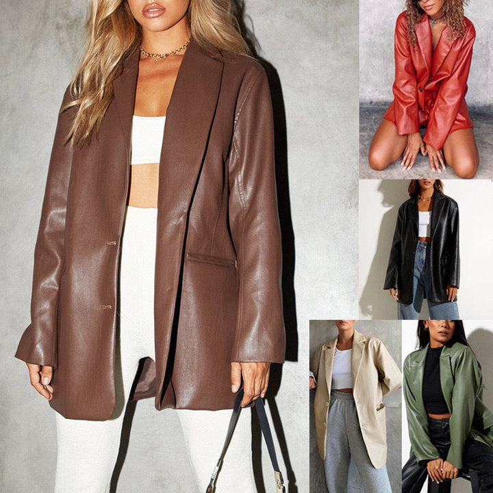 Women's Oversized Faux Leather Blazer Jacket Mune