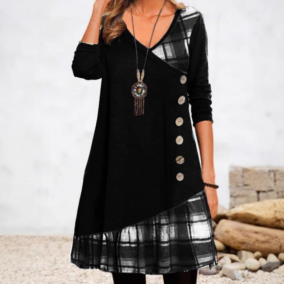 Women's asymmetrical V-neck tunic dress with decorative button placket and animal print trim Mune Fashion