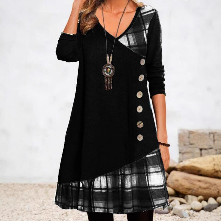 Women's asymmetrical V-neck tunic dress with decorative button placket and animal print trim Mune Fashion
