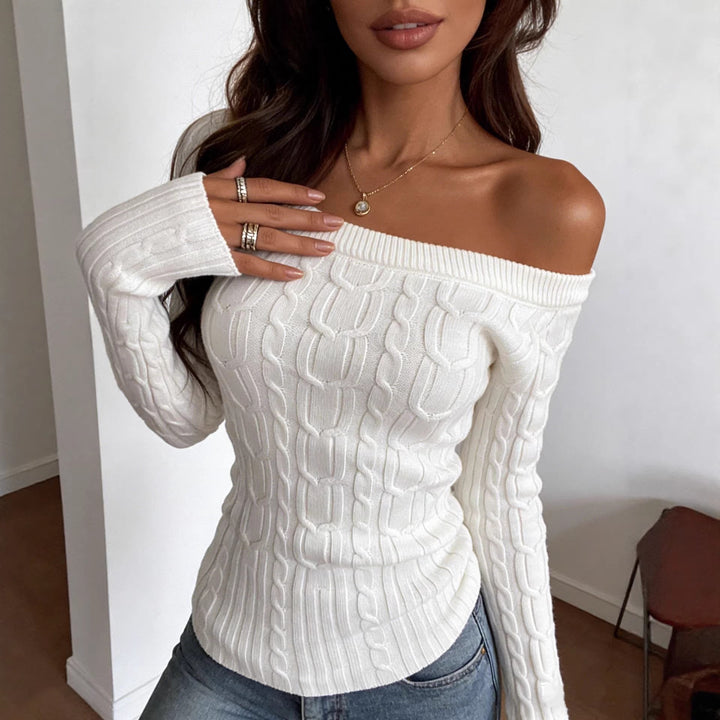 Women's Off-Shoulder Cable Knit Sweater with Fitted Silhouette Mune Fashion
