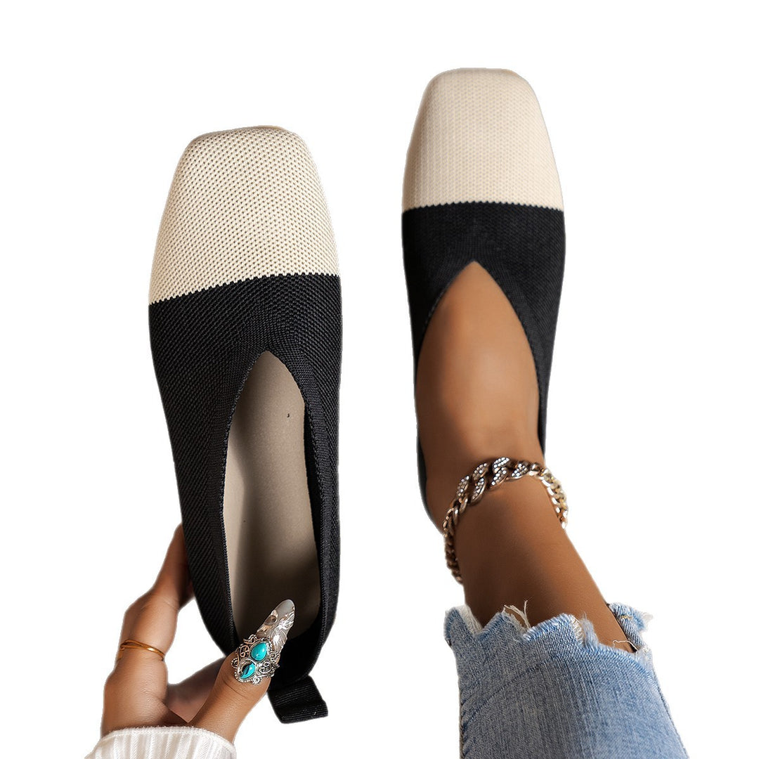 Women Two-tone Knit Ballerinas with Square Toe and Elastic Shaft Mune Fashion