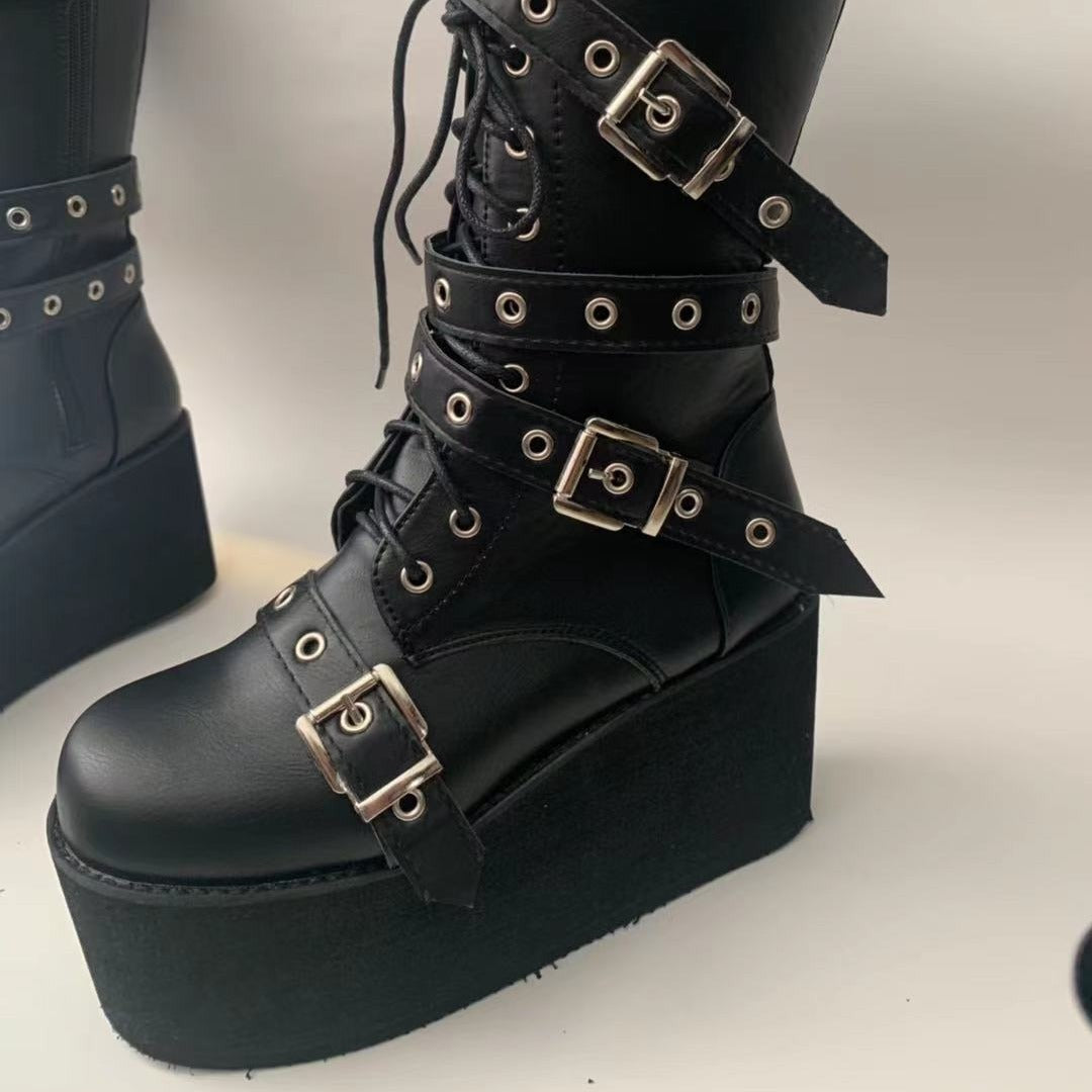Women's platform combat boots with buckles, eyelets, lacing, and side zipper Mune Fashion