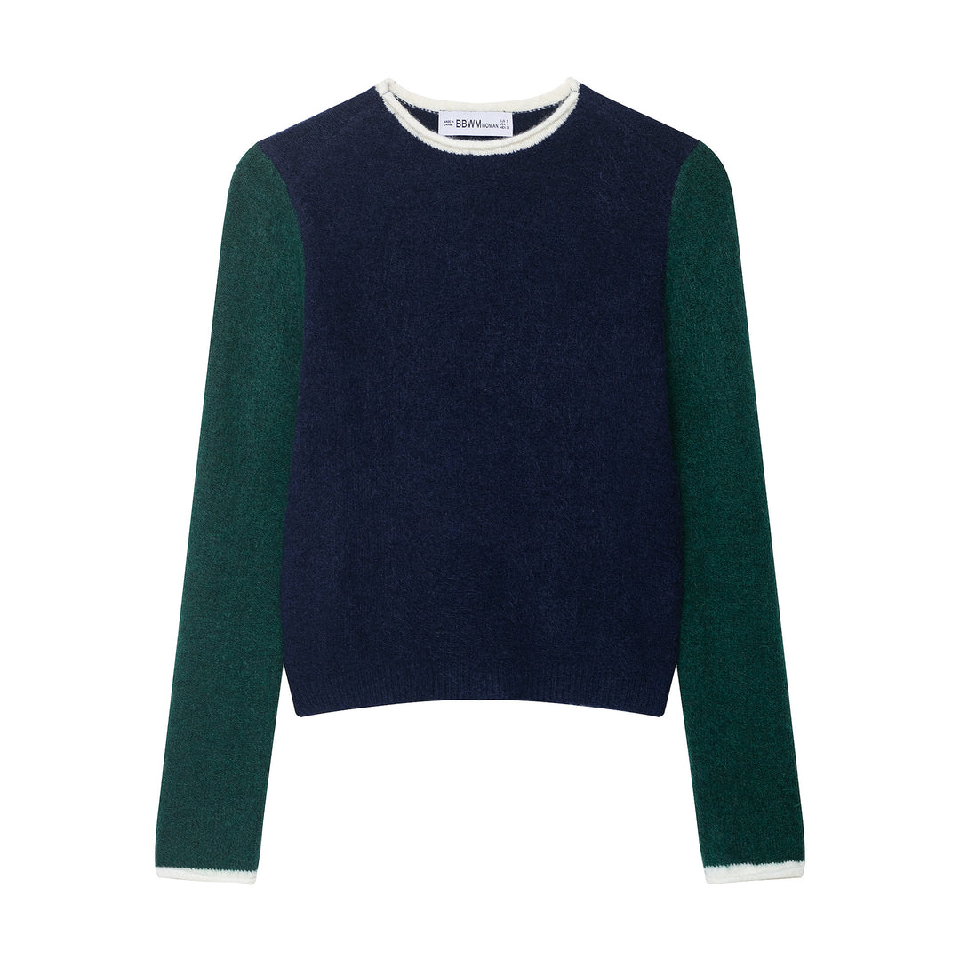 Women's Cozy Color Block Sweater with Round Neckline and Contrast Sleeves Mune Fashion