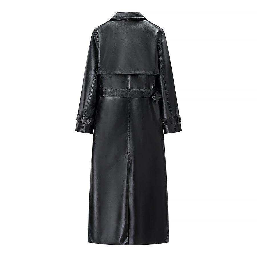Women Longer Faux Leather Trench Coat with Waist Belt and Epaulettes Mune Fashion