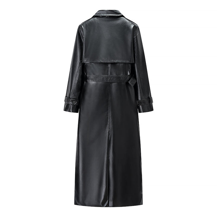 Women Longer Faux Leather Trench Coat with Waist Belt and Epaulettes Mune Fashion
