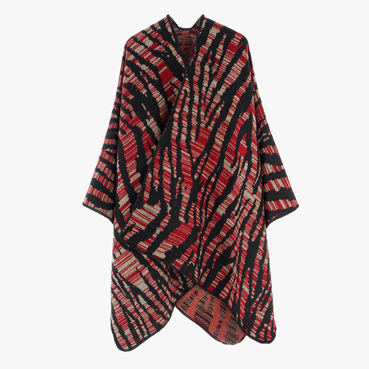 Ladies Rectangular Ruana-Overlay with Extravagant Animal-Jacquard and Open Draping Mune Fashion