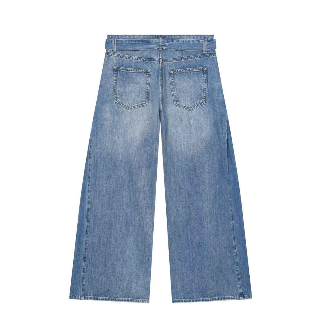 Women's Wide High-Waist Jeans with Decorative Belt and Side Insert Stripes Mune Fashion