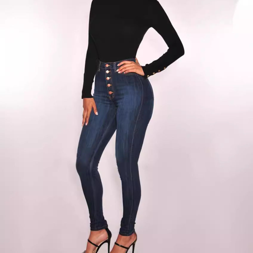 Women's high-waisted skinny jeans with visible button placket and figure-enhancing stretch Mune Fashion