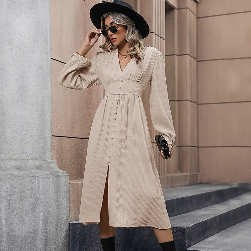 Women's Midi Dress with Button Details and V-Neck Mune Fashion